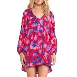 LOVERS + Friends Red and Blue Floral Long Sleeve Ruffled Mini Tunic Dress S